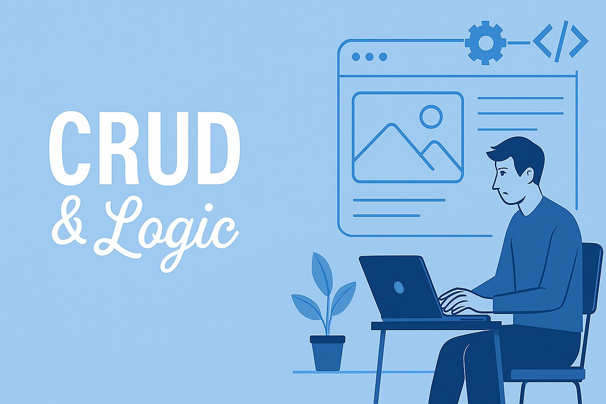 C.R.U.D & Logic illustration: a developer at a laptop beside a code window